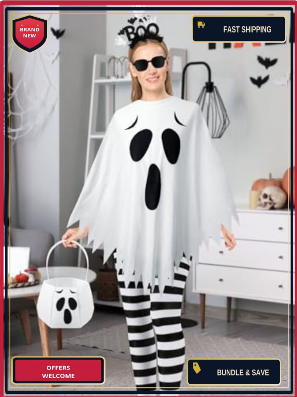 5 Pc Ghost Halloween Costume Kit Poncho Headband Tights Candy Bag Cosplay - Picture 2 of 6